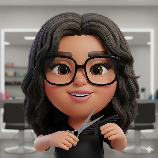 a 3D cartoon of a woman with glasses, cutting her own hair.